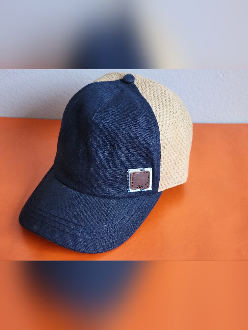 Roxy Two-Tone Straw-Back Cap in Navy Blue and Tan Trucker Hat